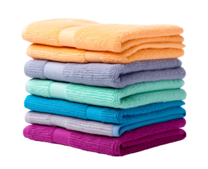 Stack of microfiber towels in orange, purple and blue shades, ideal for cleaning or decor. Isolated on transparent or white background.