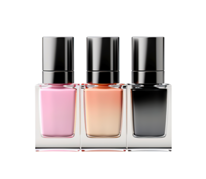 Three modern nail polish bottles in pink, coral and black shades with sleek black caps. Isolated on transparent or white background.