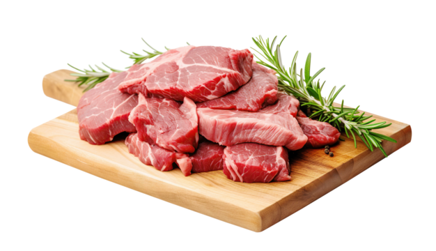 Fresh raw beef steaks arranged on wooden cutting board with sprigs of rosemary and black pepper, perfect for culinary and recipes. Isolated on transparent or white background.