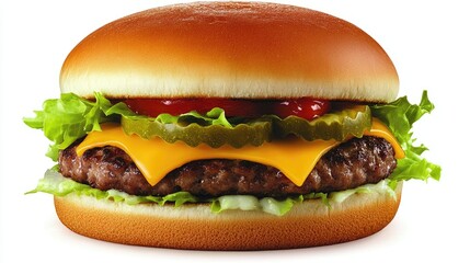 Juicy cheeseburger with lettuce, tomato, pickles, and melted cheese on a sesame seed bun.