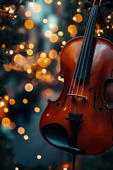 A violin sitting on top of a table next to a Christmas tree
