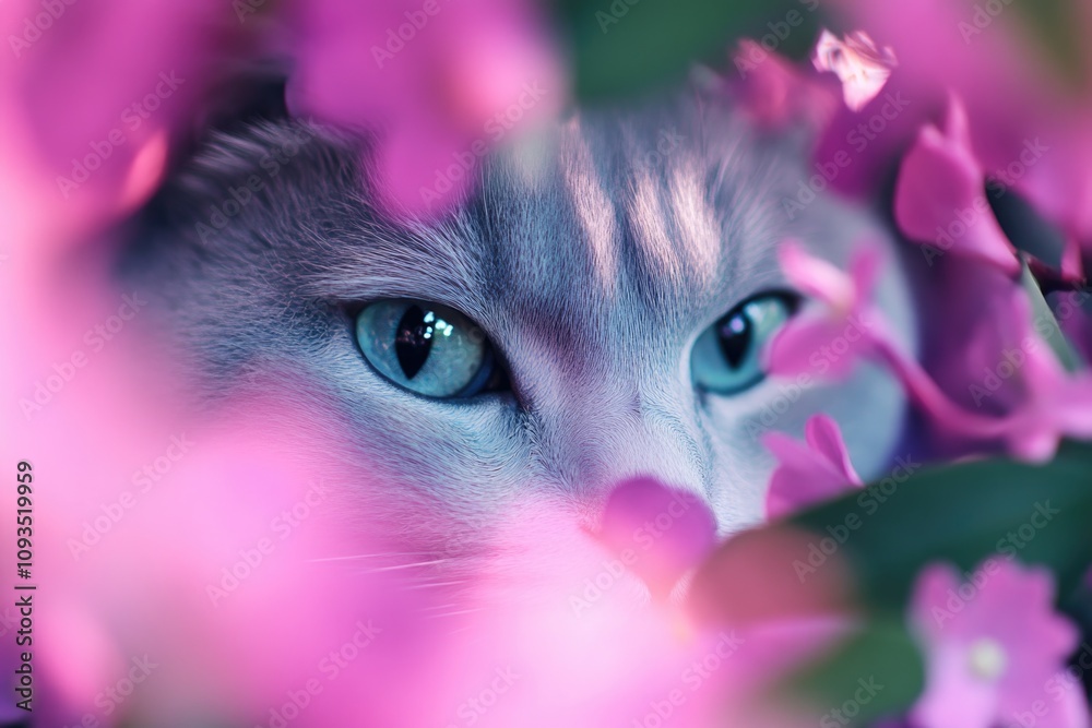 Poster a close-up view of a cat's face surrounded by colorful flowers