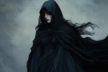 Mysterious woman in dark hooded cloak. Dark figure against misty background. Eerie, veiled presence in shadowy scene. Woman with flowing black hair, flowing black cape. Mysterious figure in dark