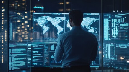 Fototapeta premium A person analyzing data on multiple screens with a world map in a modern office setting.