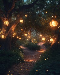 Naklejka premium A serene forest pathway illuminated by glowing lanterns and string lights, creating a magical atmosphere at twilight in a tranquil setting
