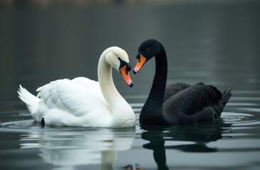 Two swans swim on lake: white and black. Black swan is to right of white swan. Heart.