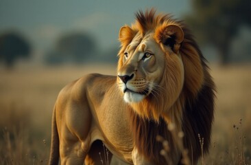 Wild big lion in nature stands in field of tall grass. Lion king looking to right