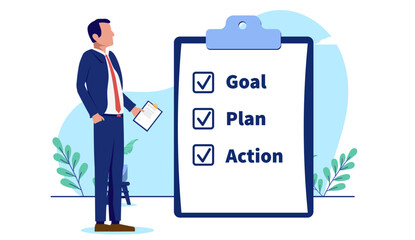 Businessman strategy - Man person in business standing with clipboard and checklist making plan for company development and success. Flat design vector illustration on white background