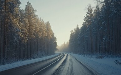 Driving along a snow-covered road in Finland, experiencing the chilly scenery of Lapland, within a European forest, on a city highway.