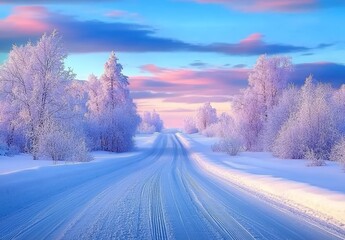Obraz premium A distant snowy path through a forest blanketed in white, located in Lapland, Finland.