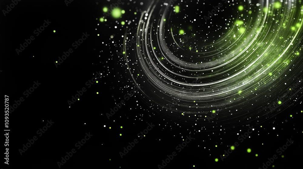 Wall mural abstract black and green swirl lines circle background with light effect and copy space.