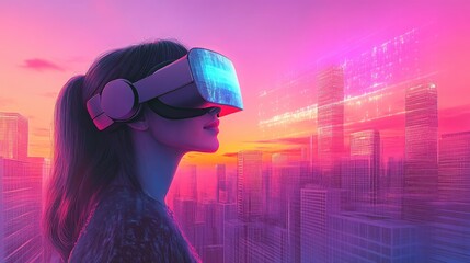 Woman Experiencing Virtual Reality Cityscape at Sunset