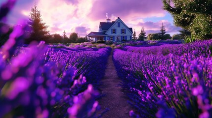 Vast Lavender Fields with a Small Cottage in the Distance