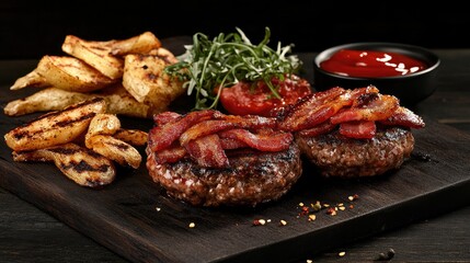 Two juicy bacon cheeseburgers, potato wedges, and ketchup on a dark wood board.