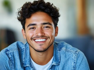 Obraz premium Smiling Young Man with a Jeans Jacket and Curly Hair