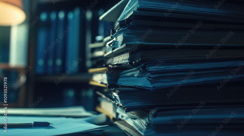 Poster a stack of papers sitting on a desk with a professional or office setting in mind
