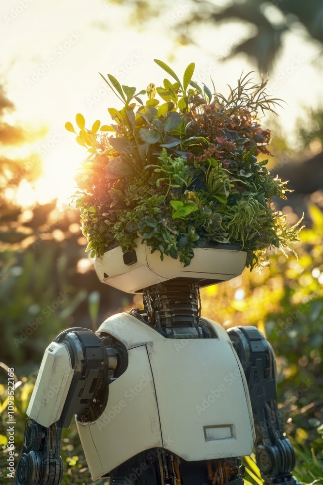 Poster a robot with a potted plant on its head, offering a unique and quirky scene