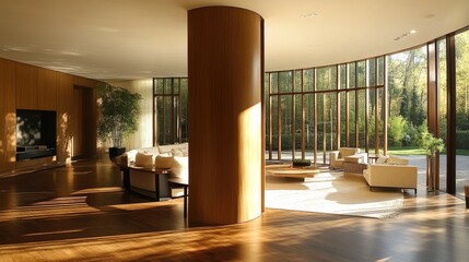 Fototapeta premium Sunlit modern living room with curved windows, wooden floors, and a central column.