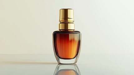 Naklejka premium A luxurious serum bottle with gold accents and a reflection on the white background.