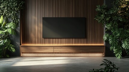 Modern living room with wooden wall, TV, and plants.