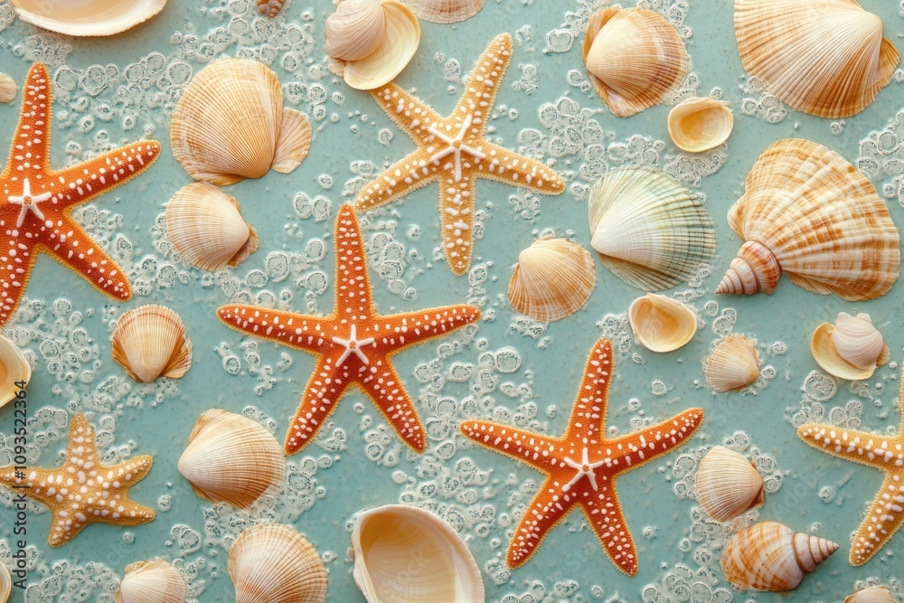 Poster a collection of starfish and shells on a bright blue surface
