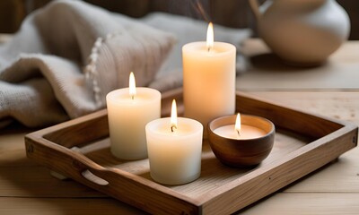 Neutral Color Candles with a subtle scent diffuser on a wooden tray