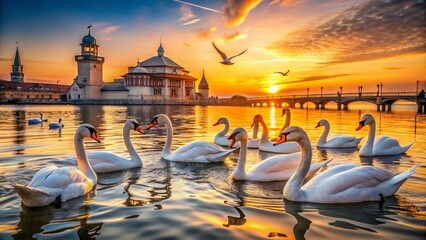 Serene Swans Gracefully Swimming in the Tranquil Sea with Stunning Architectural Backdrop of Coastal Structures and Sunset Reflections