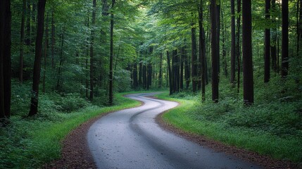 Fototapeta premium A scenic image of a winding road amidst dense forest foliage