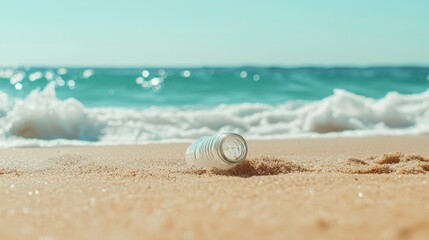 Ominous Consequences: Plastic Bottle Buried in Sand with Ocean Waves - Environmental Conservation Concept