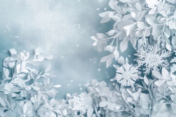 Abstract winter background with paper snowflakes, copy space for text, 3D rendering Winter decoration design element Generative AI