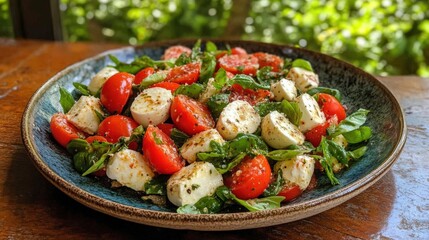 Fresh Caprese Salad with Tomatoes and Mozzarella on Rustic Table