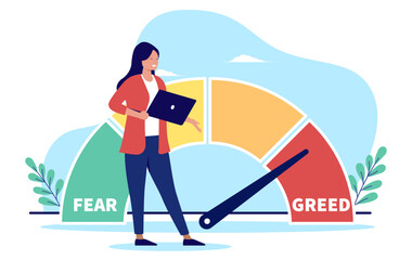Fear and greed indicator - Businesswoman investor looking at stock market and investment sentiment on scale showing red for greed. Flat design vector illustration on white background