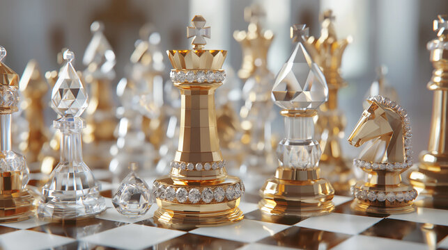 A game of strategy and competition with pale background, featuring a diamond castle chess piece in a 3D digital rendering