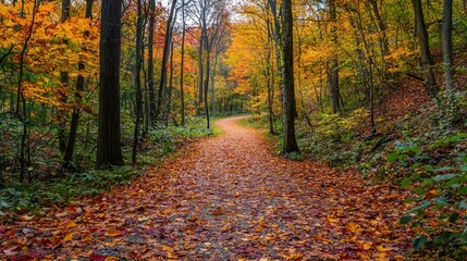 Obraz premium Serene Autumn Landscape with Vibrant Foliage and Peaceful Pathway Through Trees in a Colorful Forest During Fall Season Captured in Natural Light