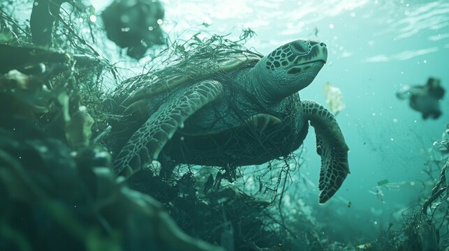 Endangered Sea Turtle Trapped in Fishing Nets in Polluted Waters, Environmental Crisis Concept with Plastic Debris - Ultra-Detailed Wildlife Survival Photo