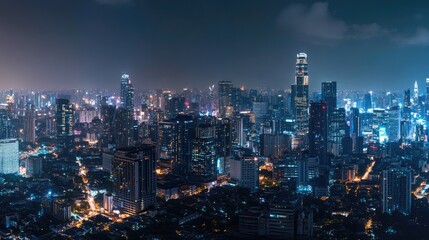 Fototapeta premium Night cityscape panorama, urban skyline with skyscrapers and city lights.