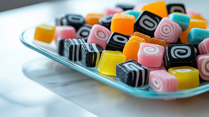 Vibrant licorice allsorts arranged on a glass tray, showcasing colorful stripes and jelly layers, set on a marble countertop with soft lighting in the background. Cheerful, festive mood.