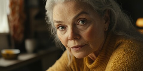 Mature Woman with Grey Hair, Yellow Sweater, Home Environment