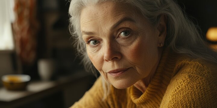 Mature Woman with Grey Hair, Yellow Sweater, Home Environment