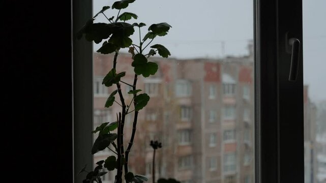 view from window on snowy winter weather in city. Panel high-rise shabby house in soviet style old residential area in ukraine. Architecture of eastern europe and soviet union