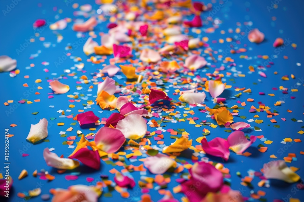 Poster a colorful celebration scene with a table covered in confetti, great for party or event use