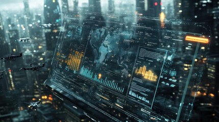 Futuristic data display over a cityscape, showcasing analytics and global information.