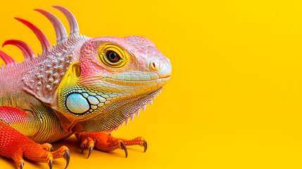 Fototapeta premium Vibrant Lizard Poses Beautifully Against a Bright Yellow Backdrop, Showcasing Nature's Colors