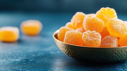 A textured golden bowl holds an assorted collection of chewy fruit gummies, artistically arranged and scattered on a vibrant blue table, presenting a delightful sweet snack.