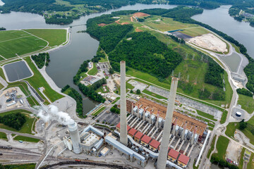 Large thermal Kingston power plant in Roane County near Kingston, Tennessee. Coal used as fossil...