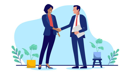 Diverse business handshake - Professional corporate man and woman characters shaking hands at work in office smiling over deal and agreement. Flat design vector illustration on white background