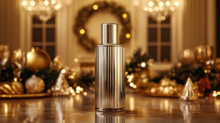 Fototapeta premium Festive Gold Perfume Bottle Luxury Holiday Fragrance Christmas Decor