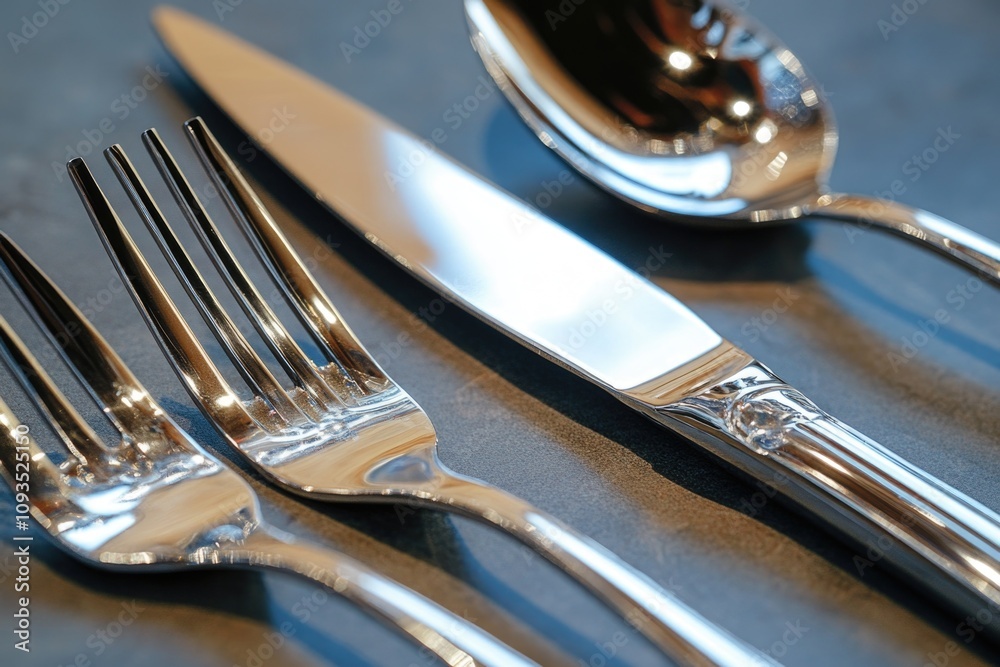 Poster a set of utensils including a knife, fork, and spoon placed on a table