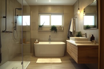 A standard bathroom with tub, sink, and shower