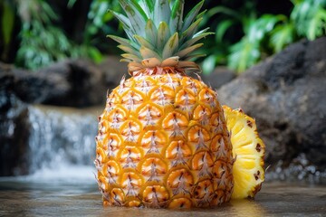 A pineapple sits on a table beside a serene waterfall